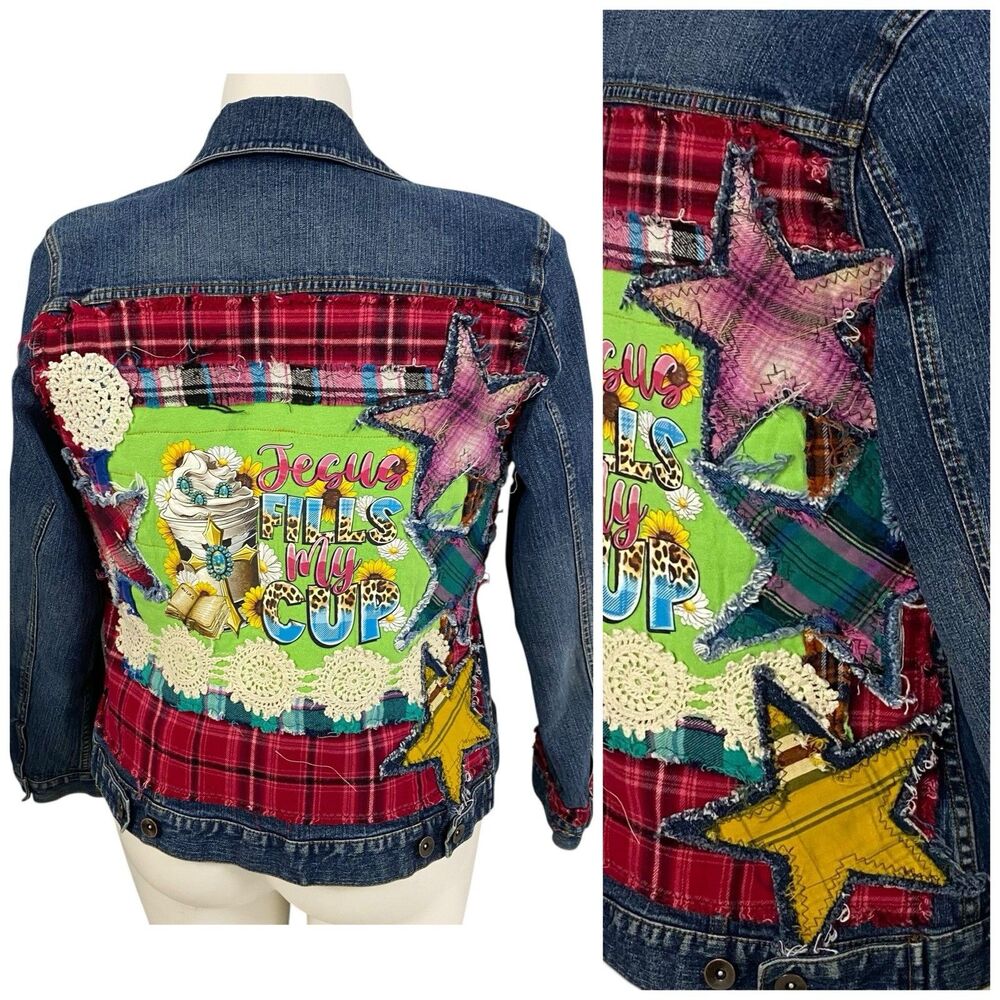 Upcycled Denim Jacket Womens Large Christian Coffee Grunge Patchwork Folk Art